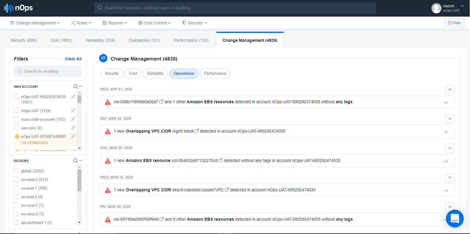 nOps' Change Management dashboard screenshot 