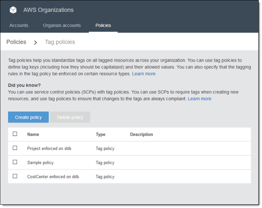 AWS tag policies