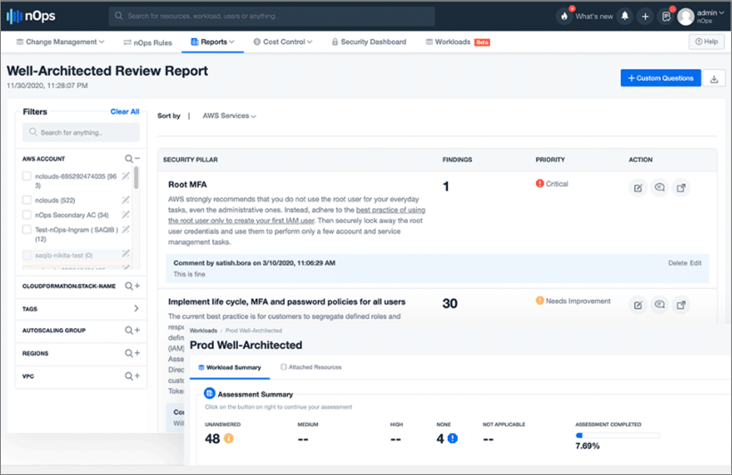 Well-Architected Review Report in nOps dashboard