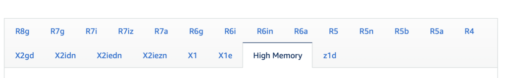 A screenshot displaying Memory-Optimized Amazon EC2 Instances