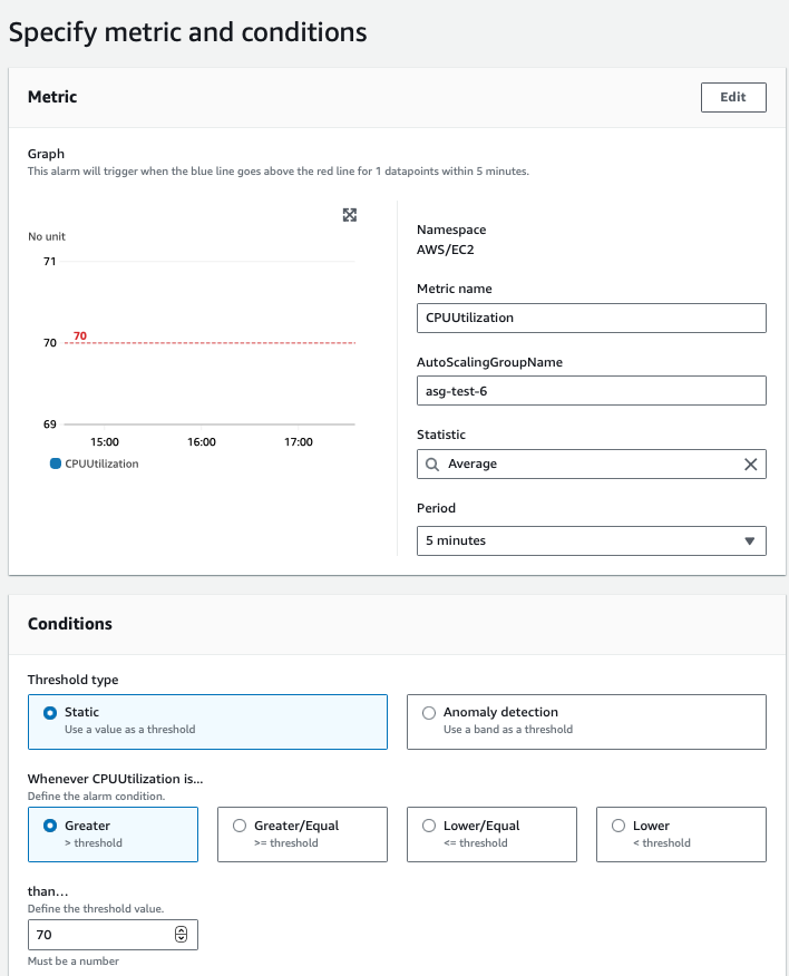 Image displaying an example on how to create an alarm in CloudWatch that triggers when the average CPU utilization across instances in your Auto Scaling group exceeds 70%