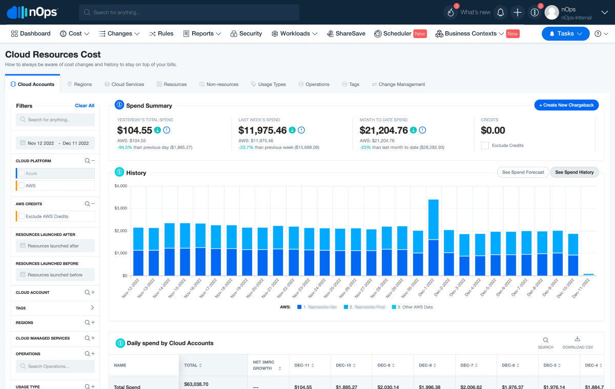 nOps dashboard for cloud resources cost