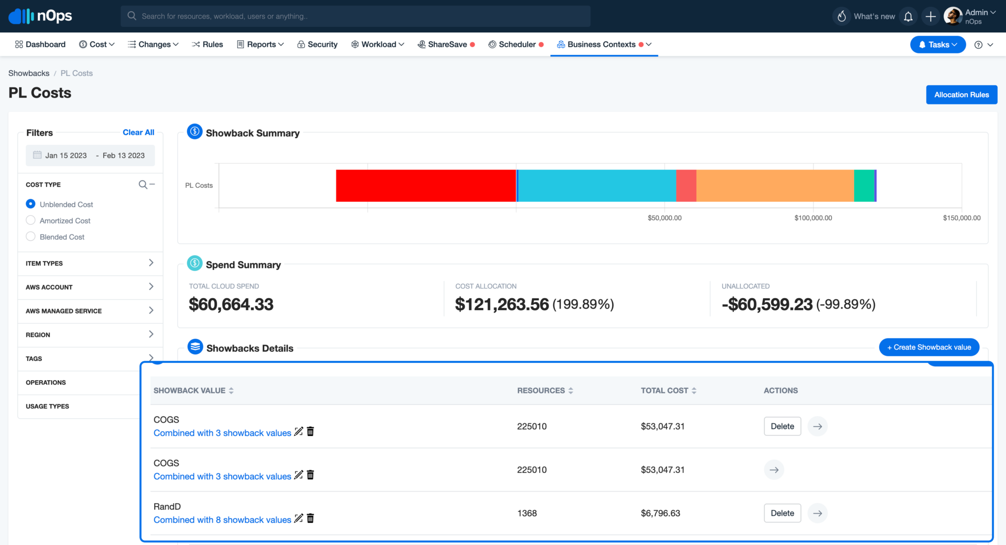 nOps dashboard for PL Costs