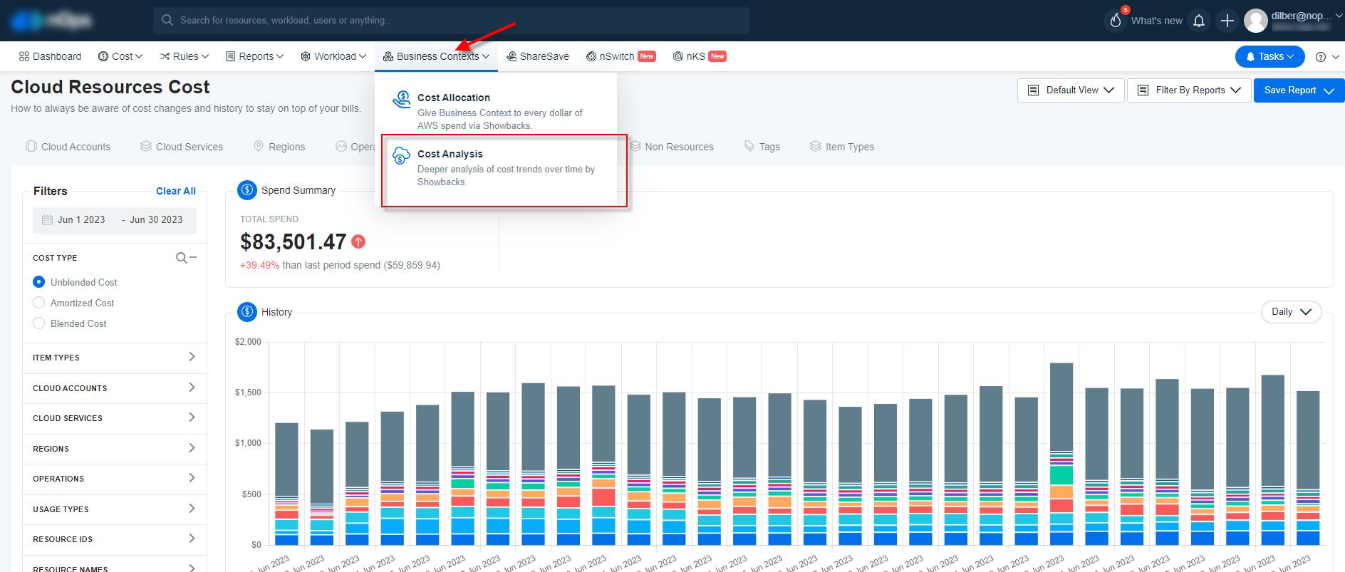 Cloud Resources section in Business Context Dashboard