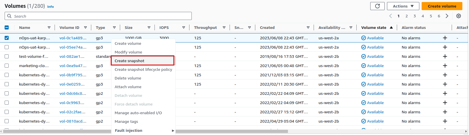 Using AWS Console snapshort