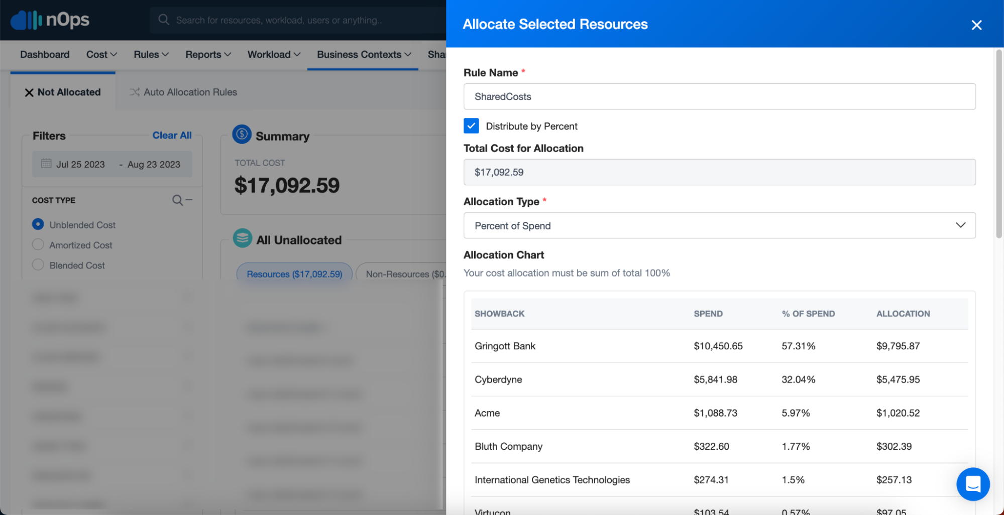 Allocate selected resources in nOps Business Contexts dashboard