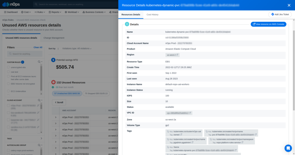 Delete Unattached & Unused EBS Volumes in AWS nOps