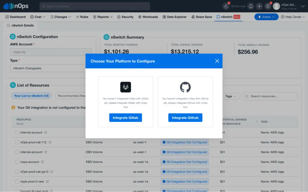 GitLab and GitHub Integration in nOps dashboard