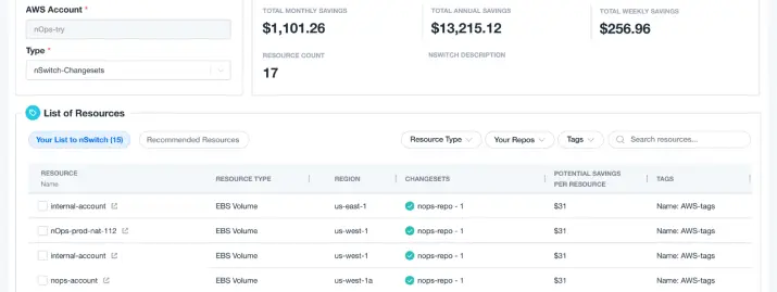 storage volumes data in nOps dashboard