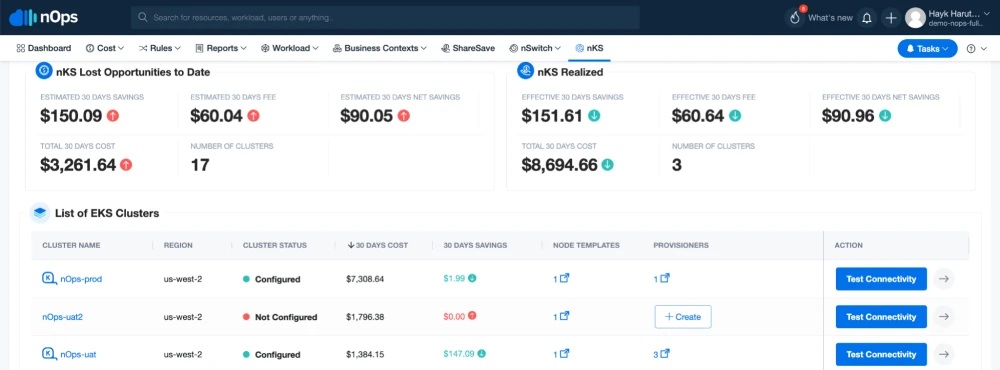 Cost and savings opportunities are summarized in a unified dashboard. Users can also onboard clusters to Copilot or review existing configurations.