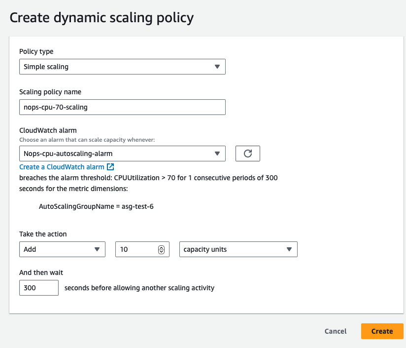 Create dynamic scaling policies and configure scaling actions based on CloudWatch metrics