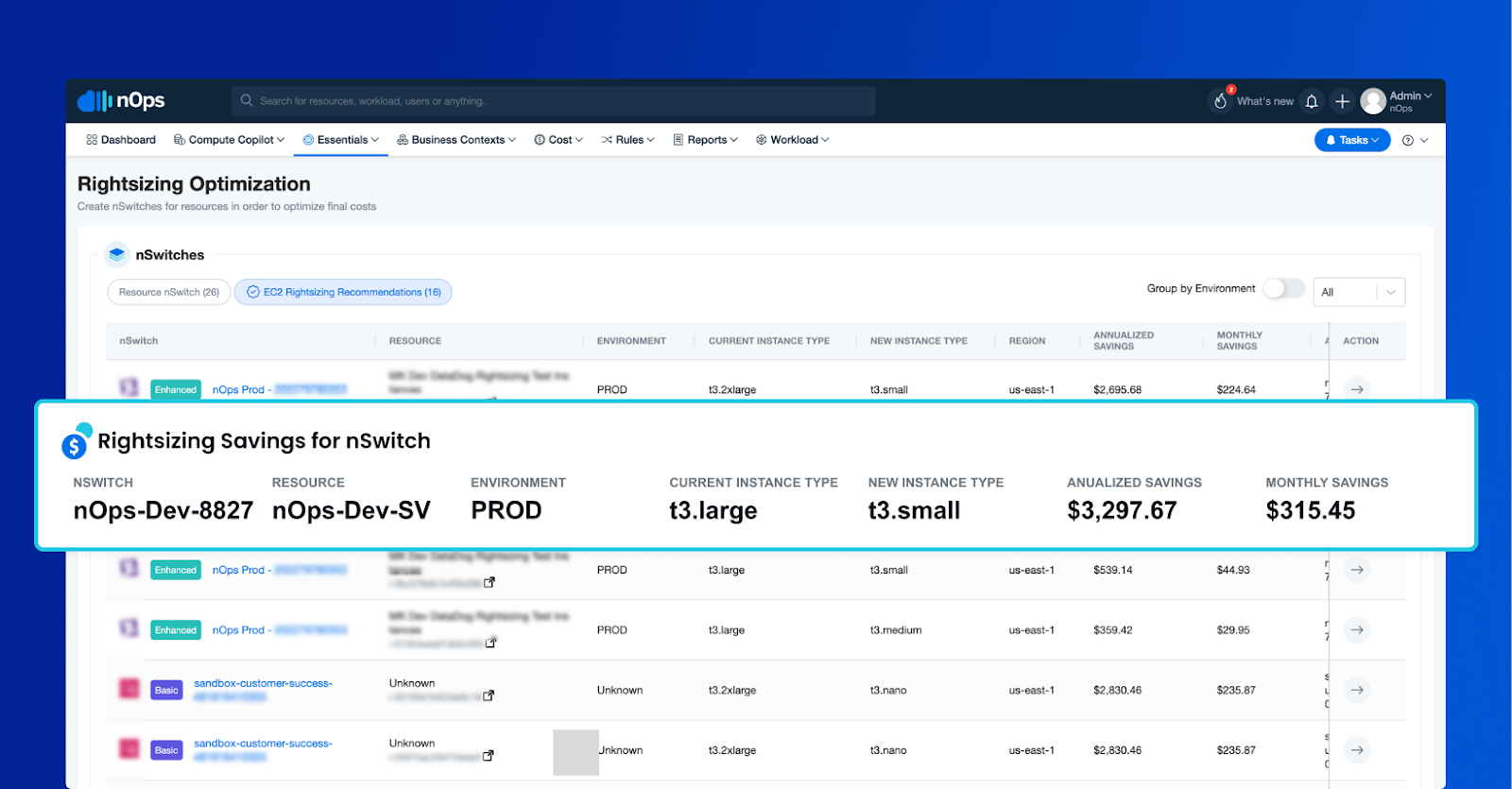 Screenshot of rightsizing savings in the nOps dashboard