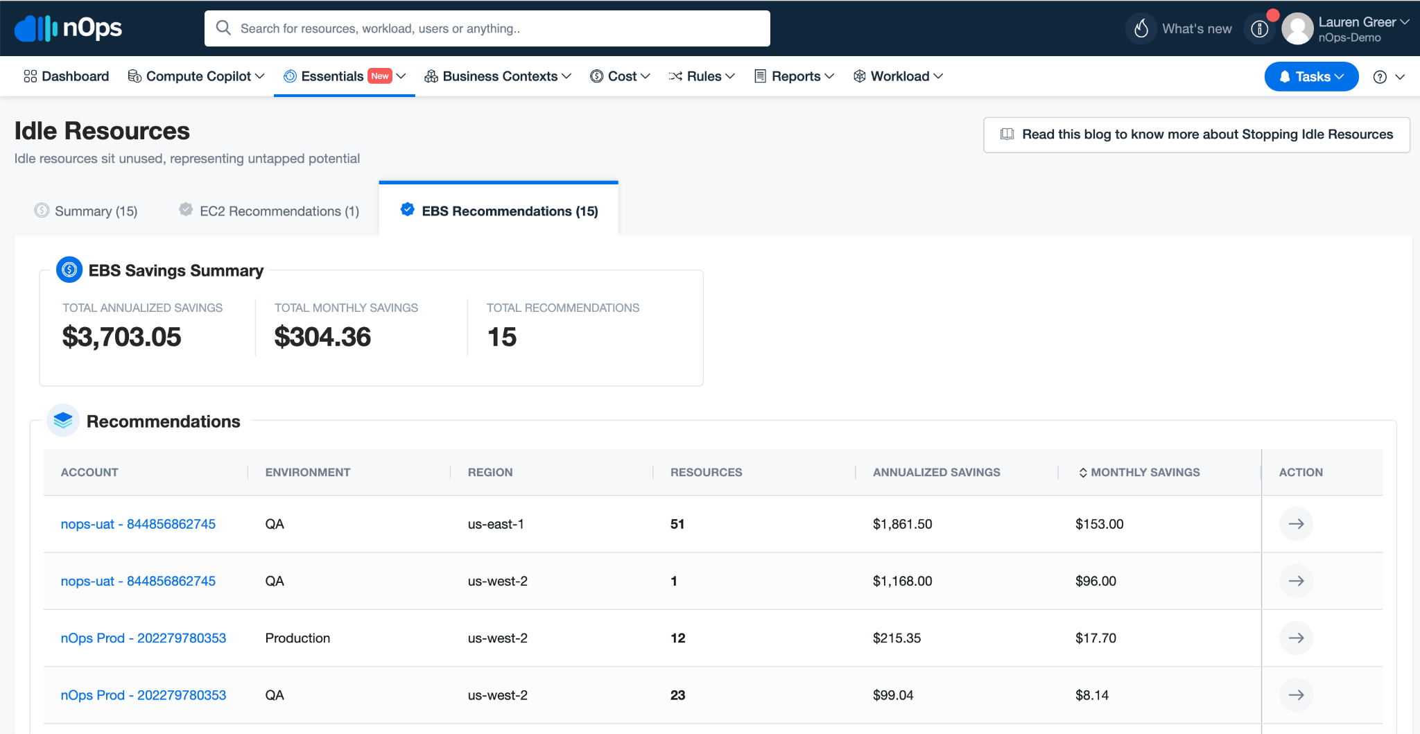 Screenshot of EBS Savings Summary report in nOps Essentials