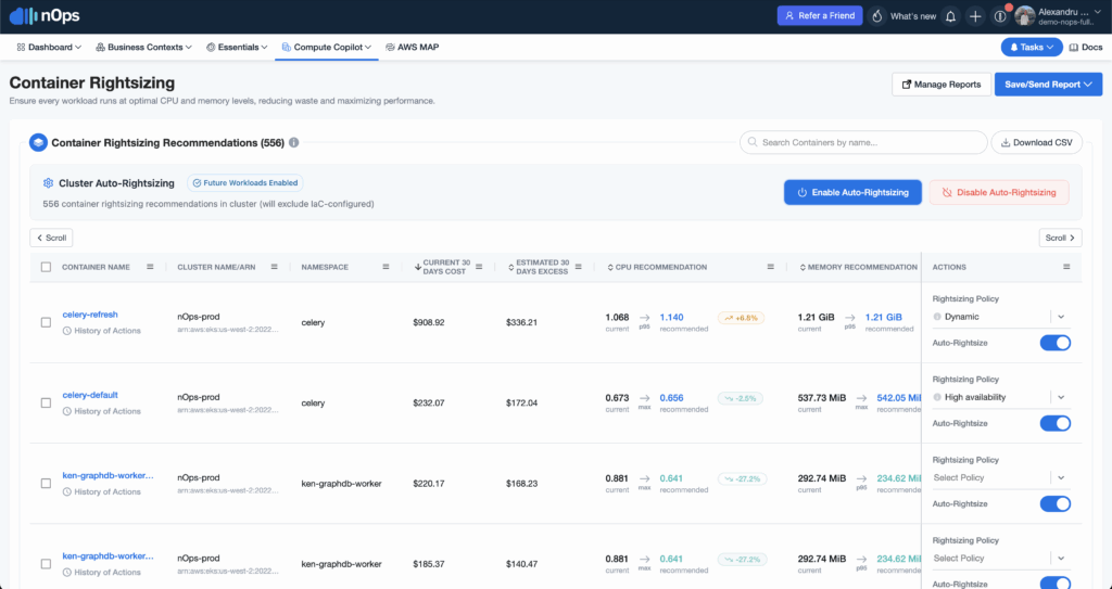 Screenshot of Container Rightsizing page in the nOps platform